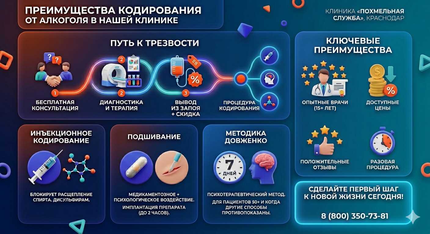 Инфографика о методах кодирования от алкоголя в Володарске: инъекции, подшивание, метод Довженко. Преимущества клиники и этапы лечения.